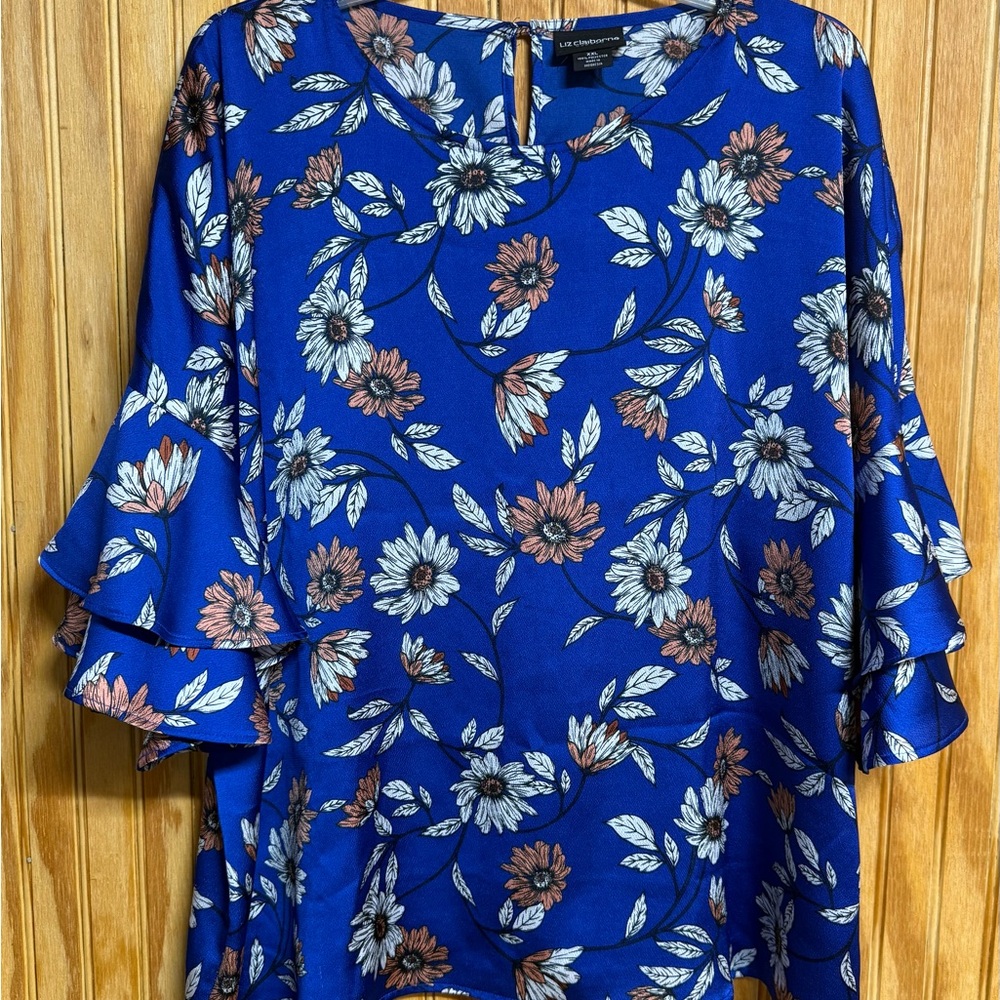 Liz Claiborne Blue and White Ruffled Bell Sleeve Blouse